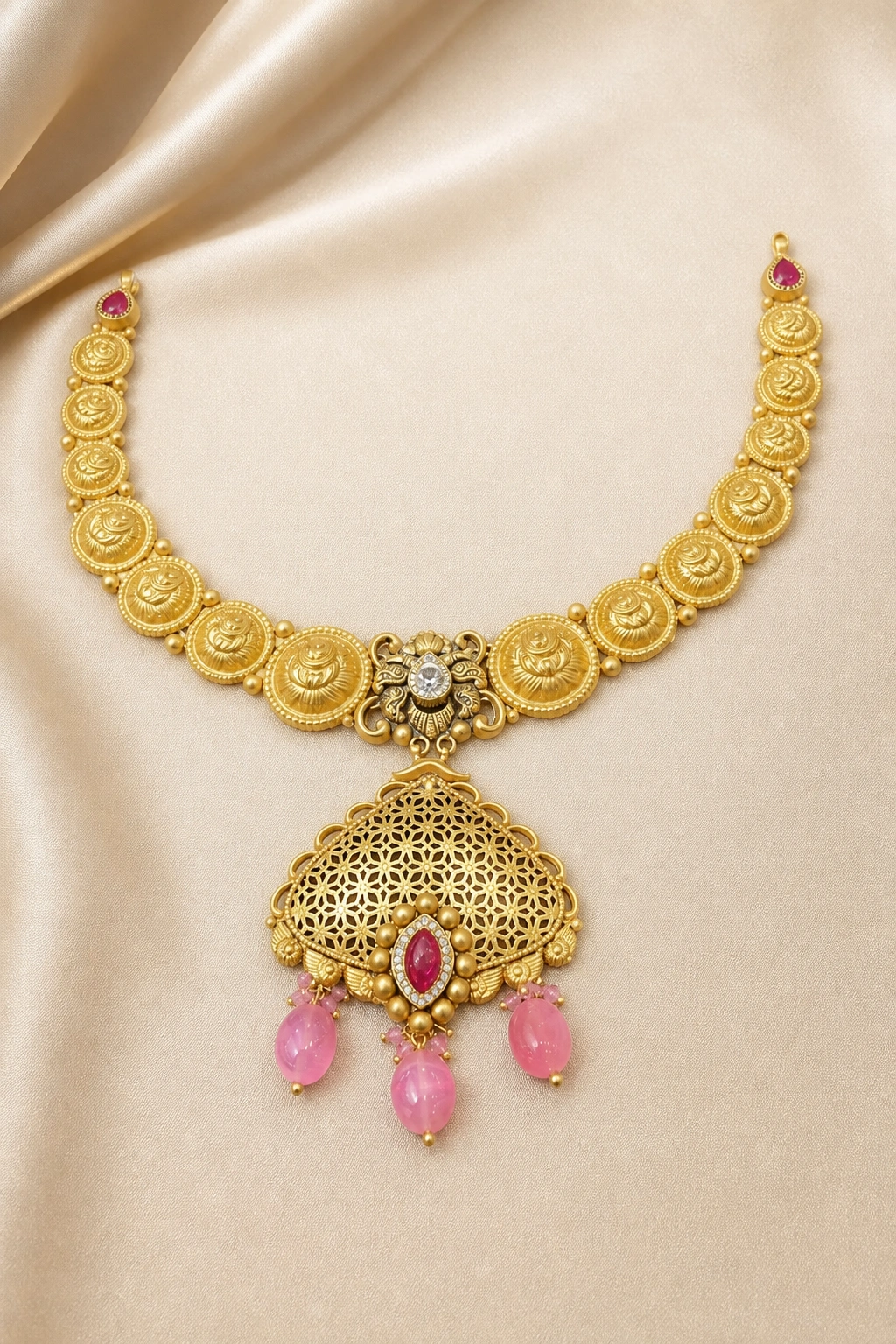 antique gold necklace set with ornate designs view 1