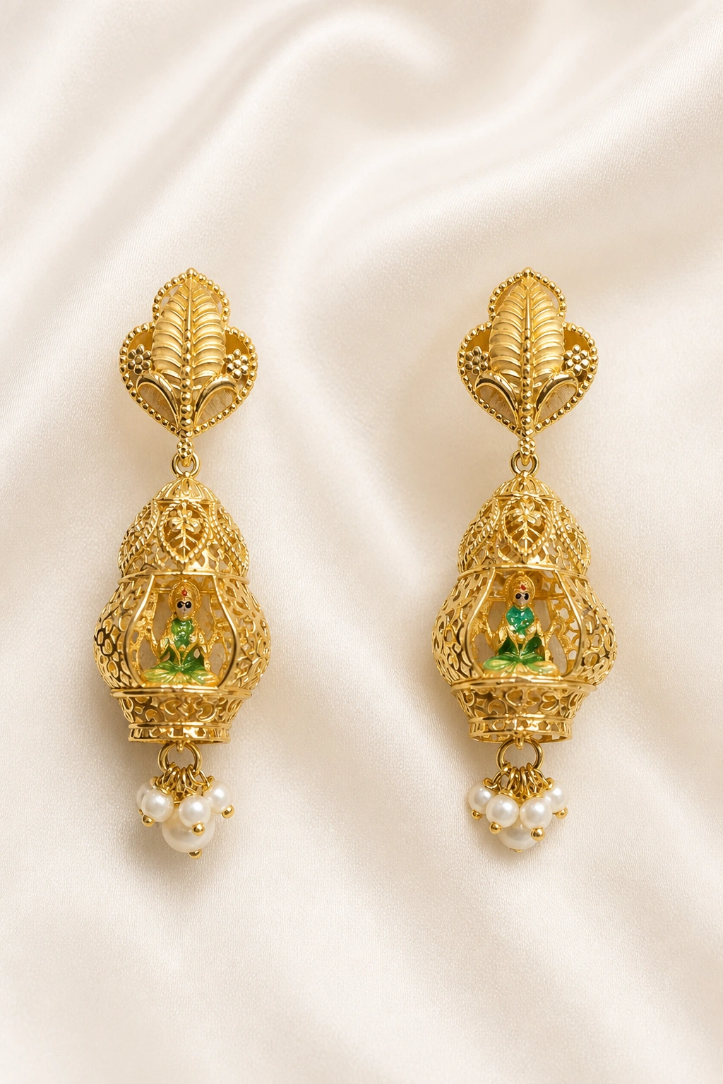 18K Gold Temple Jhumki Earrings with Pearl Hangings