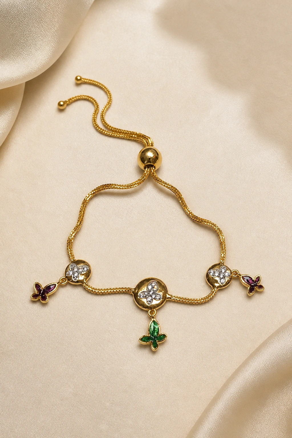 Elegant 18K Gold Drawstring Bracelet with Enamel Charms