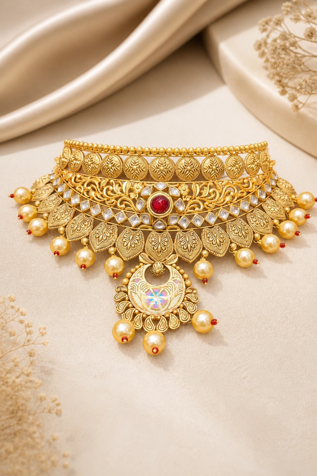 traditional gold antique necklace set view 1