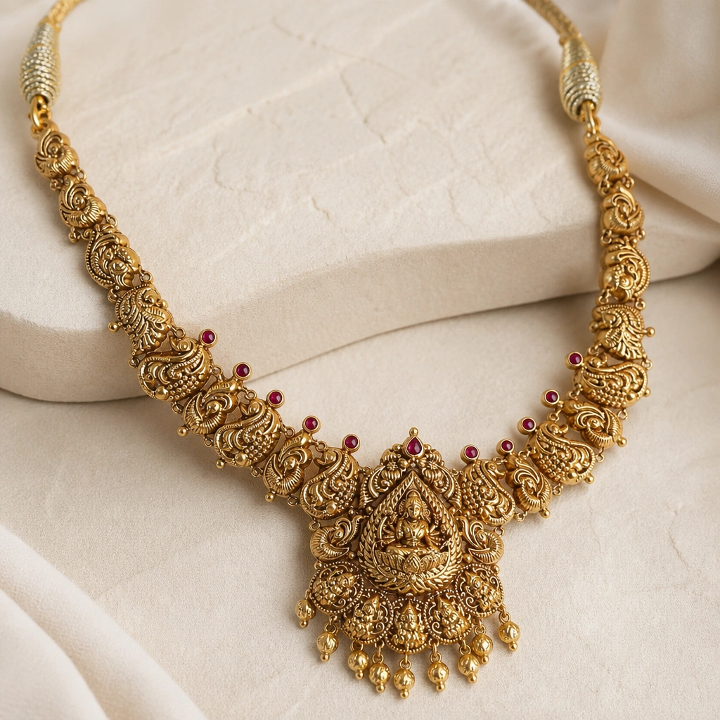 Elegant 22K Gold Temple Necklace Set with Matching Earrings