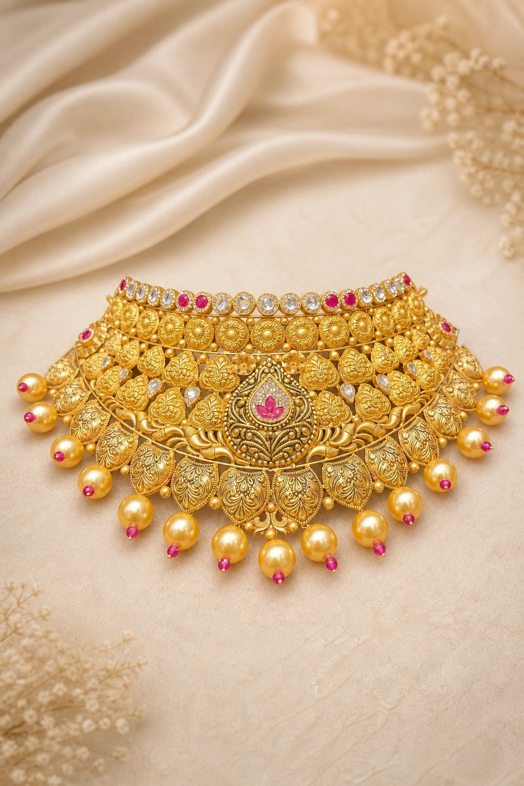 traditional gold necklace set with intricate motifs view 1