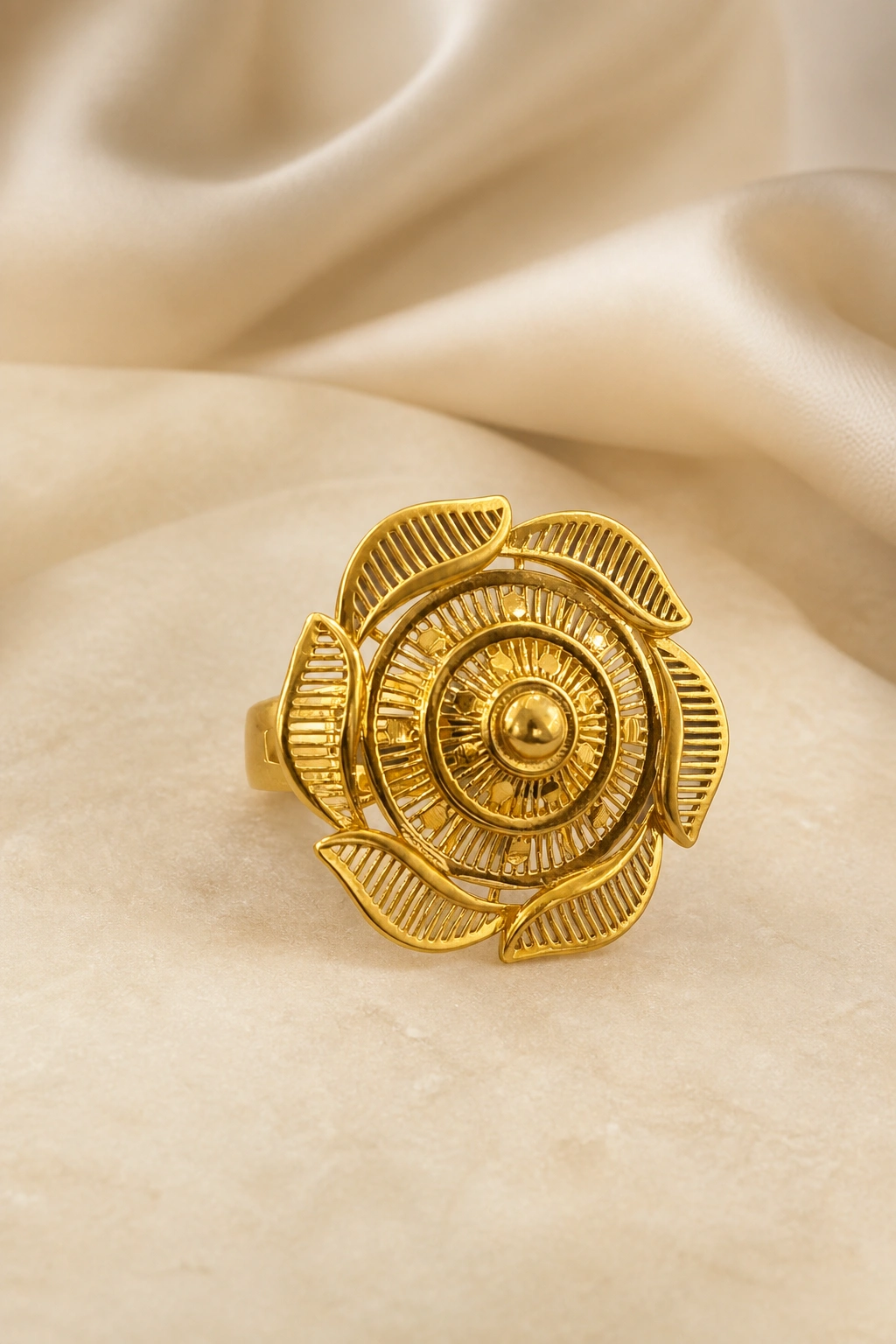 Artisan 18K Gold Ring with Rose Pattern Design view 1