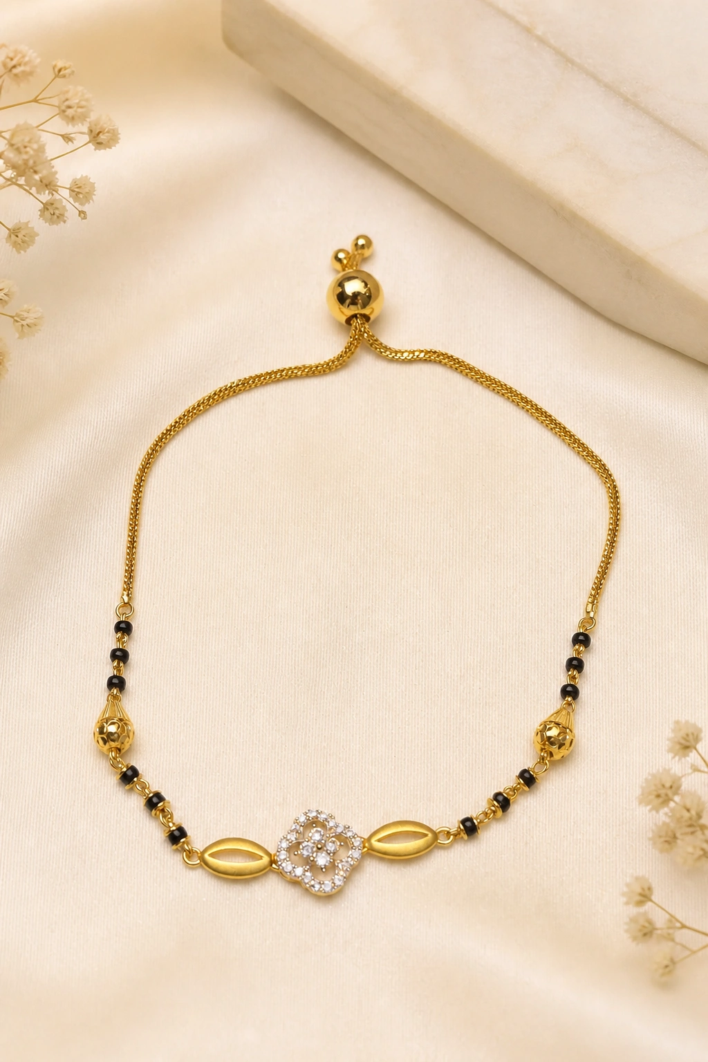 18K Gold Mangalsutra Drawstring Bracelet with CZ