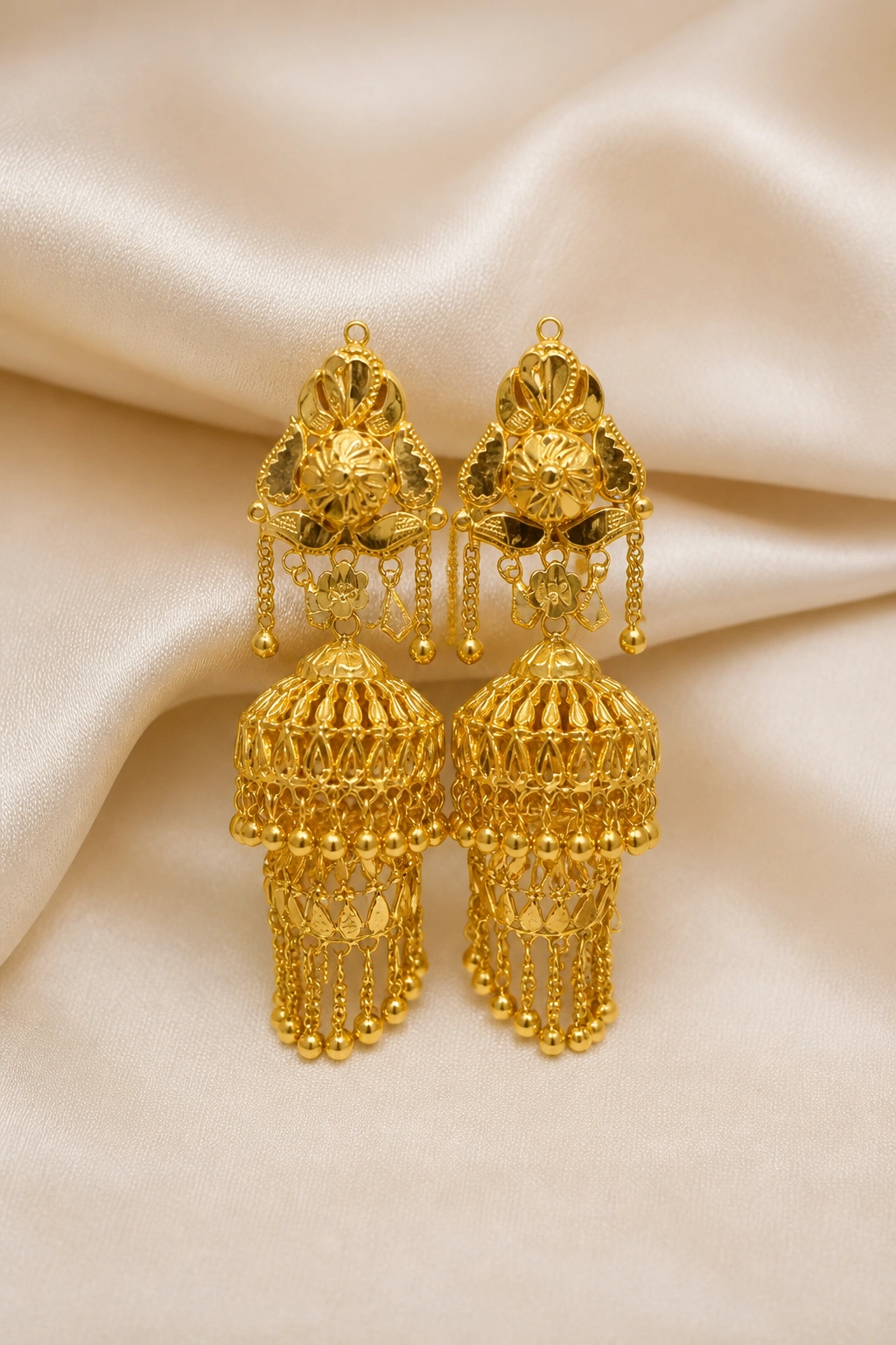 Elegant 18K Gold Jhumki Double Dhol Earrings