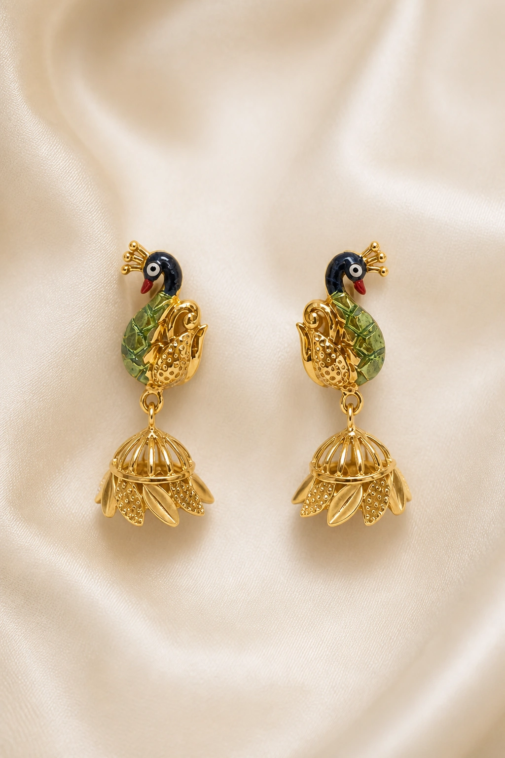 18K Gold Enamel Peacock Design Jhumki Earrings