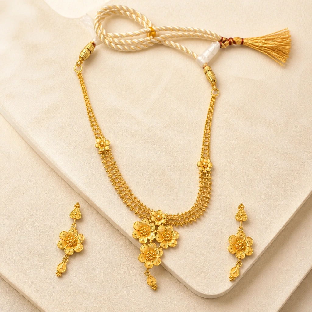 Traditional 22K Gold Necklace Set with Matching Earrings
